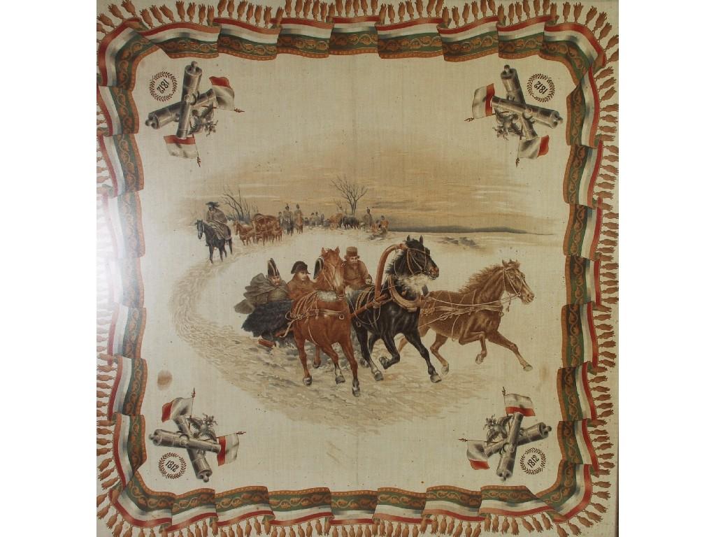 Appraisal: LARGE FRAMED PRINTED SILK COMMEMORATIVE PANEL NAPOLEONIC WAR WINTER SCENE