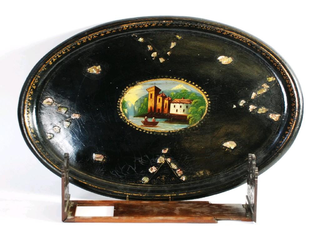 Appraisal: LATE NINETEENTH CENTURY OVAL PAPIER MACHE AND MOTHER O'PEARL INLET