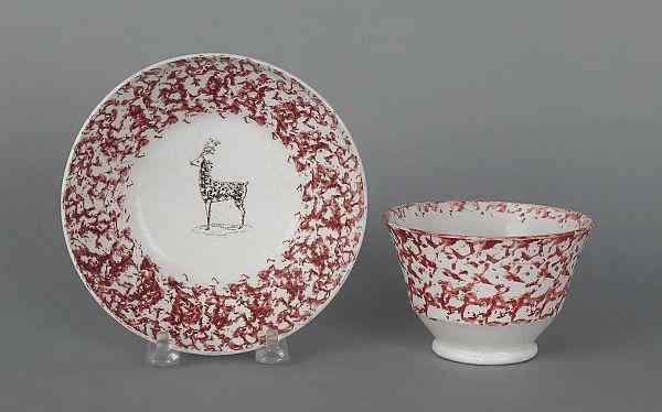 Appraisal: Red sponge cup and saucer with a deer th c