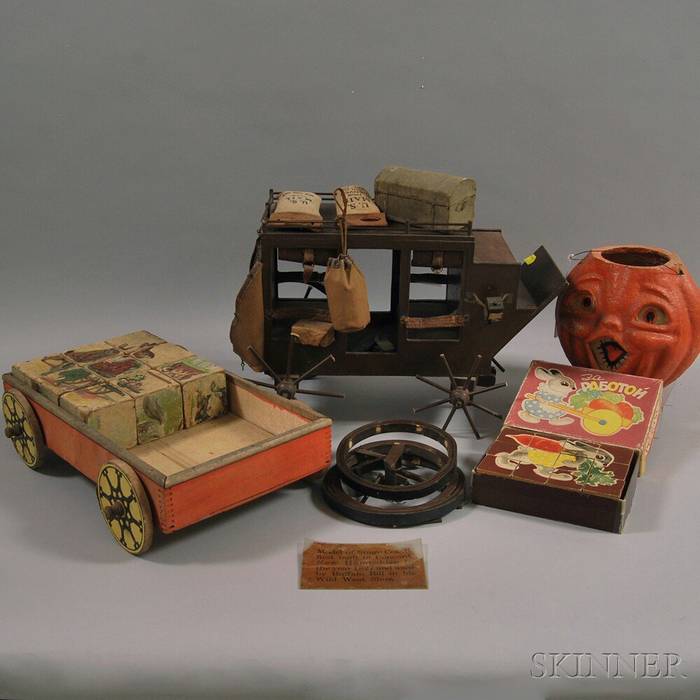 Appraisal: Toy Wooden Wagon Lithograph Puzzle Blocks Molded Papier-mache Jack O'