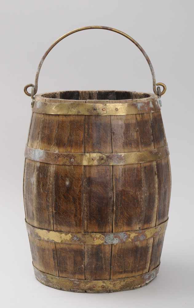 Appraisal: ENGLISH BRASS-BANDED OAK BARREL-FORM BUCKET With four bands and swing