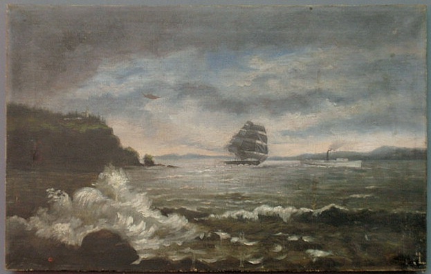 Appraisal: Oil on canvas seascape painting with a three-masted sailing ship