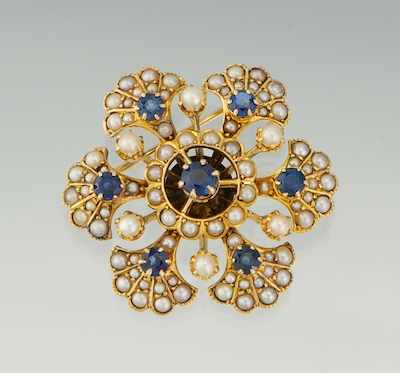 Appraisal: A Ladies' Blue Sapphire and Pearl Snowflake Brooch k yellow