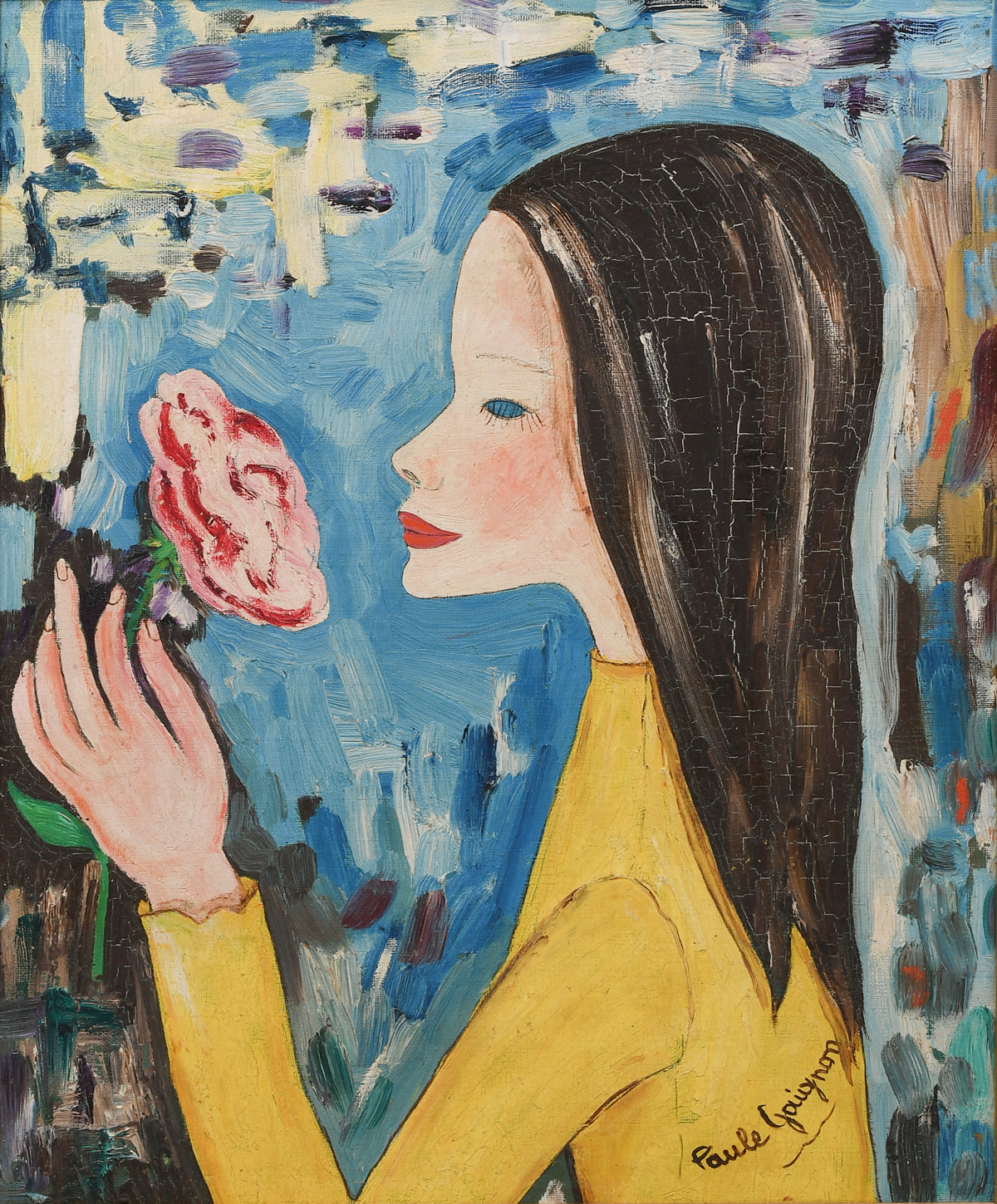 Appraisal: PAULE GAIGNON PAINTING OF A GIRL SMELLING A FLOWER Oil