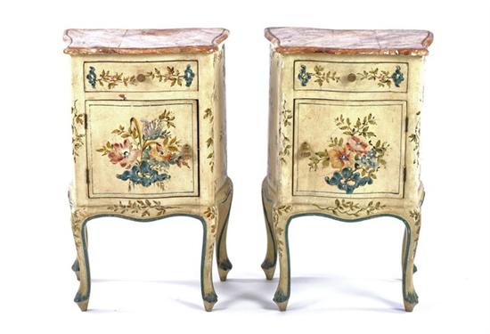 Appraisal: PAIR LOUIS XV STYLE PAINTED NIGHT STANDS th century Floral-decorated