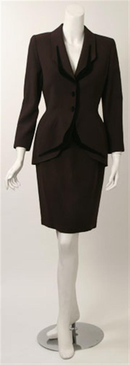 Appraisal: Thierry Mugler aubergine skirt suit Curved-seam wool crepe blazer with