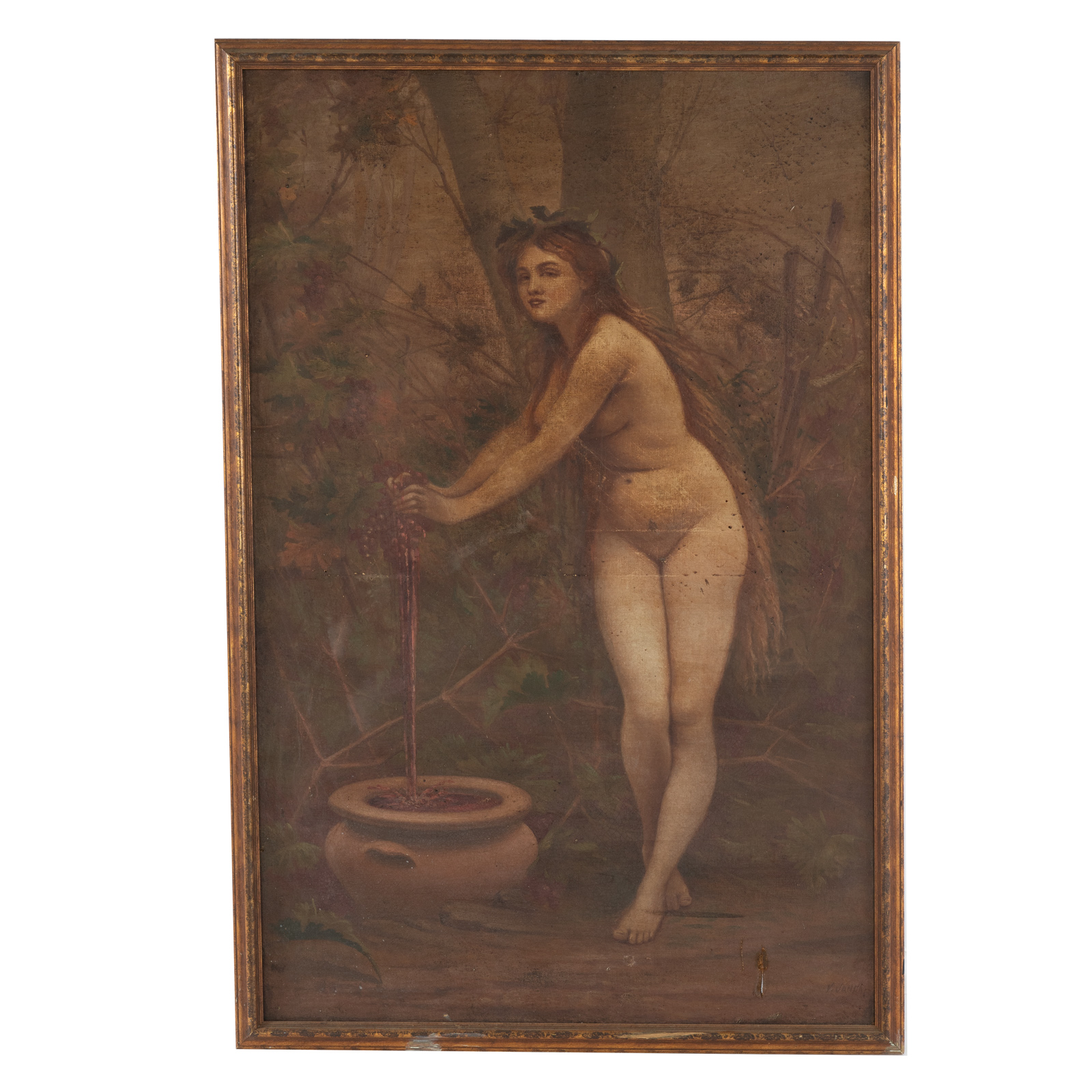 Appraisal: V JANDA FEMALE NUDE PRESSING GRAPES OIL th century Oil