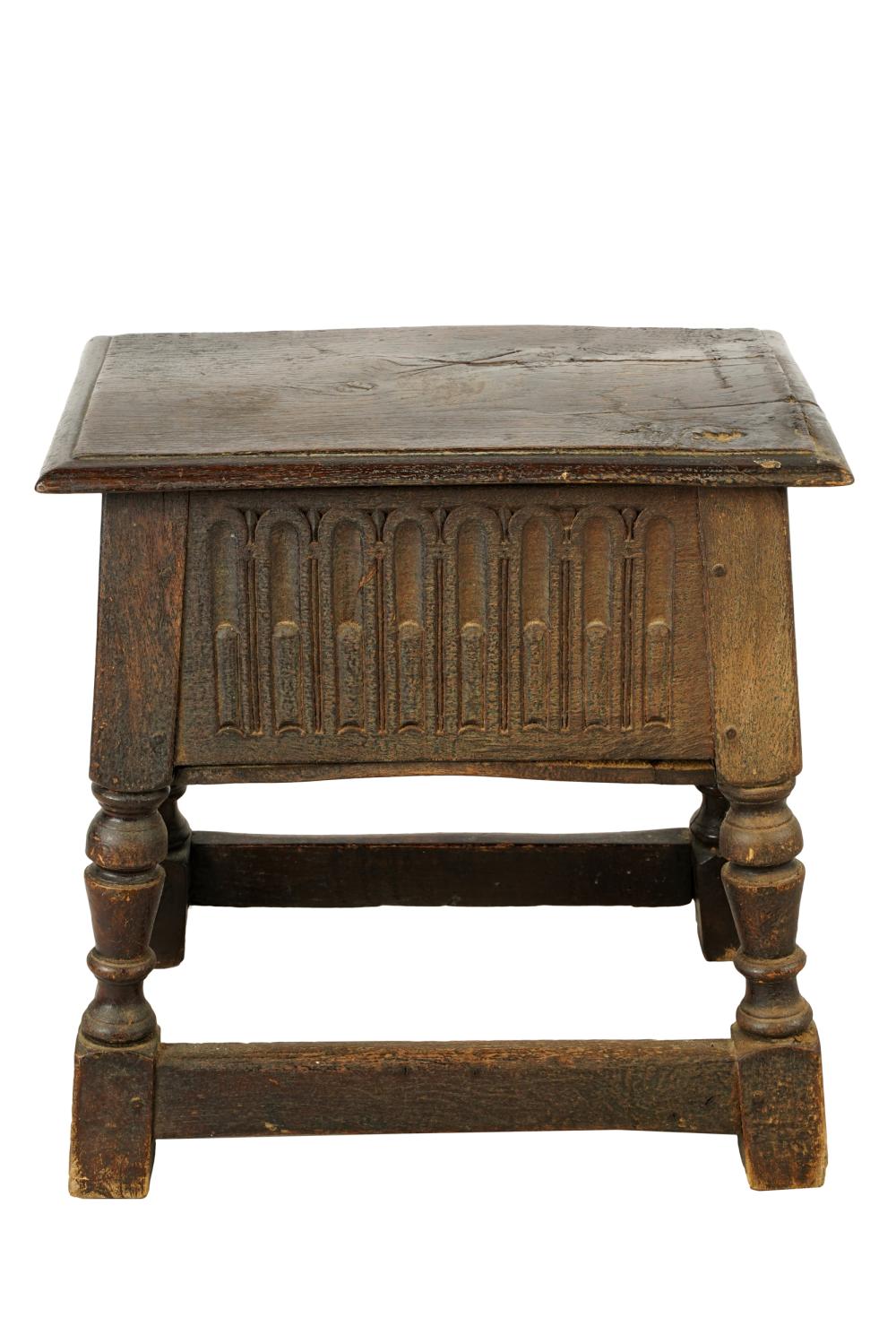 Appraisal: JACOBEAN STYLE CARVED OAK STOOLwith hinged lid concealing a storage