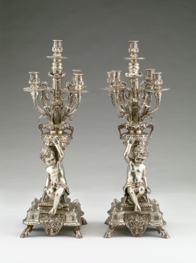 Appraisal: Tall and Imposing Pair of Continental Silverplate Five-Light Candelabra in