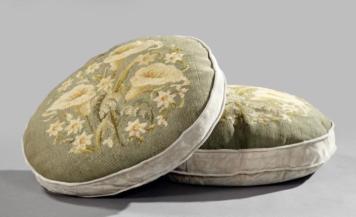 Appraisal: Pair of French Circular Sofa Pillows faced in antique gros-point