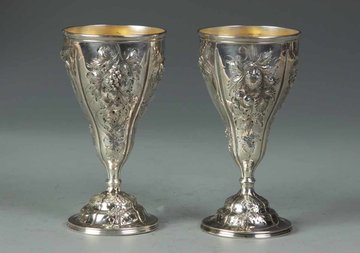 Appraisal: Pair of Coin Silver Goblets w Repousse Fruit Pair of