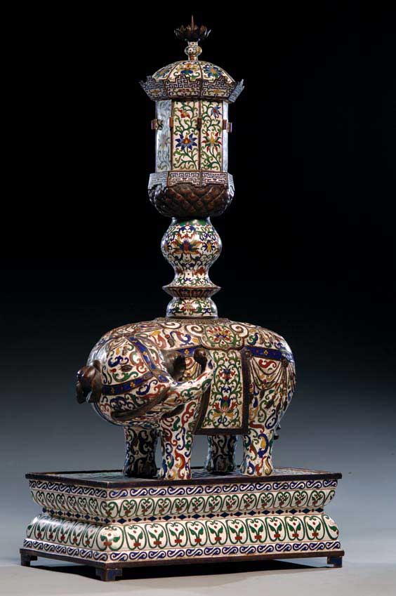 Appraisal: PAIR CLOISONN ELEPHANT CENSERS Pair of large Chinese cloisonn enamel