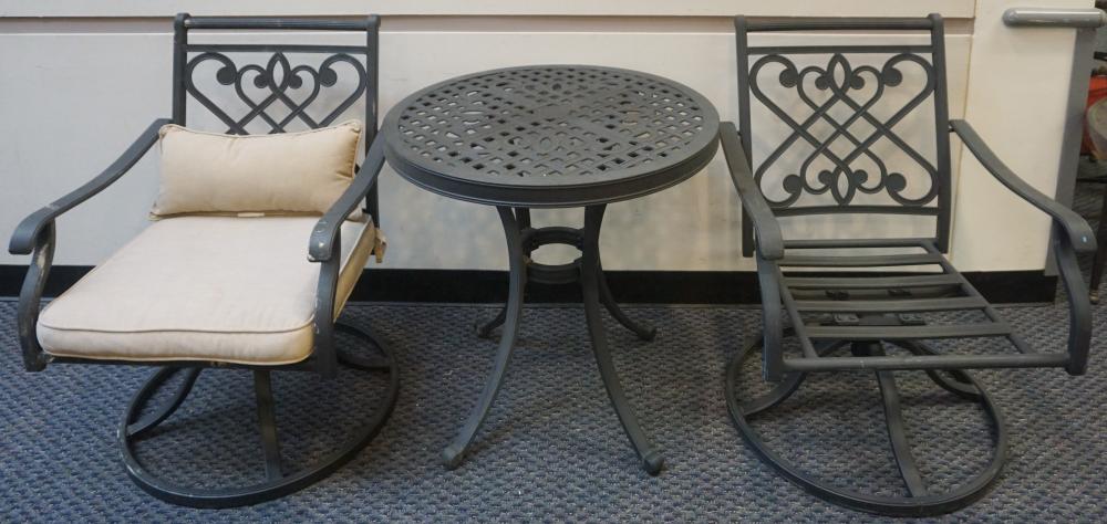 Appraisal: GRAND RESORT BLACK PAINTED METAL TABLE AND PAIR REVOLVING ARMCHAIRSGrand