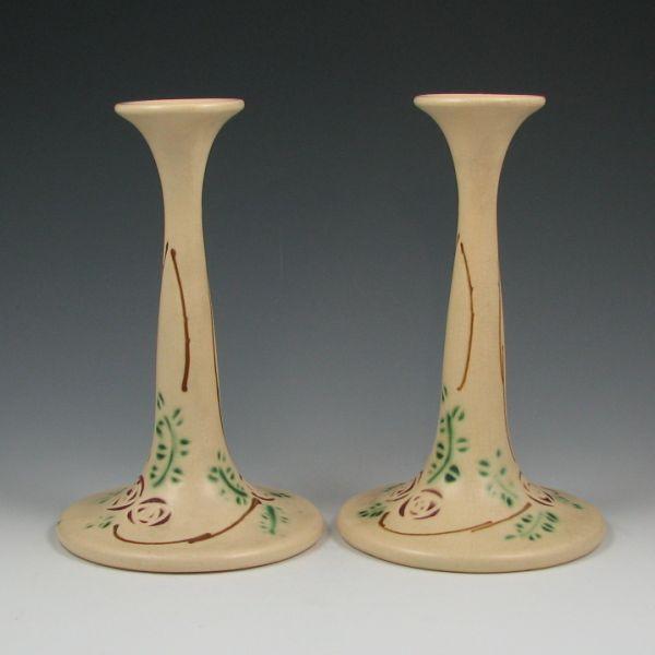 Appraisal: Roseville Velmoss Scroll or Early Rosecraft - candleholders Unmarked Mint