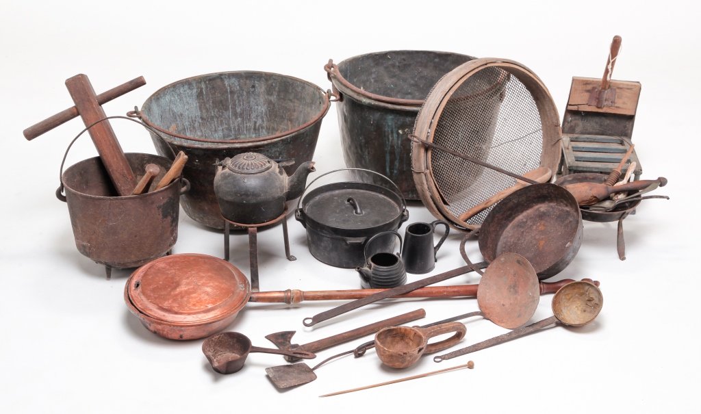 Appraisal: AMERICAN HOUSEHOLD UTENSILS Nineteenth century Including cauldrons kettles kettle stand