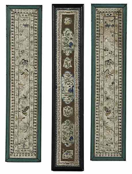 Appraisal: Chinese Embroidered Sleeve Panels Chinese th century Three framed embroidered