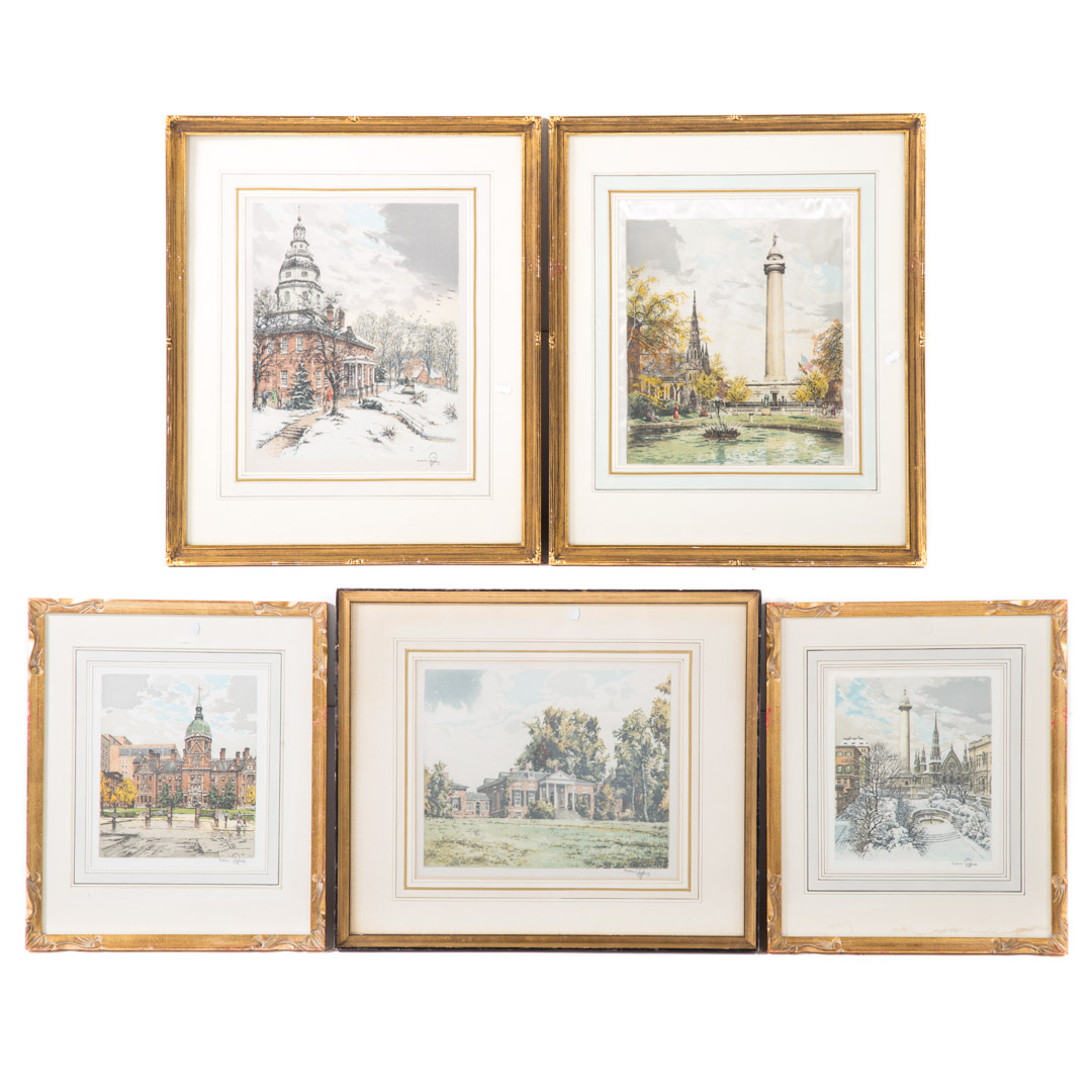 Appraisal: Five assorted Hans Figura aquatints on satin Austrian - Each