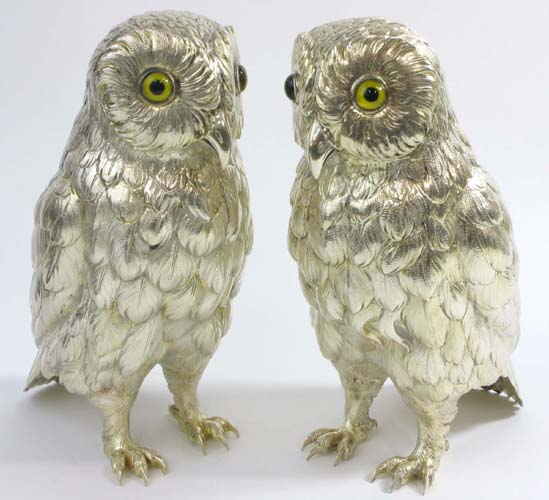 Appraisal: PAIR GERMAN STERLING SILVER FIGURAL OWLS - H hand chased