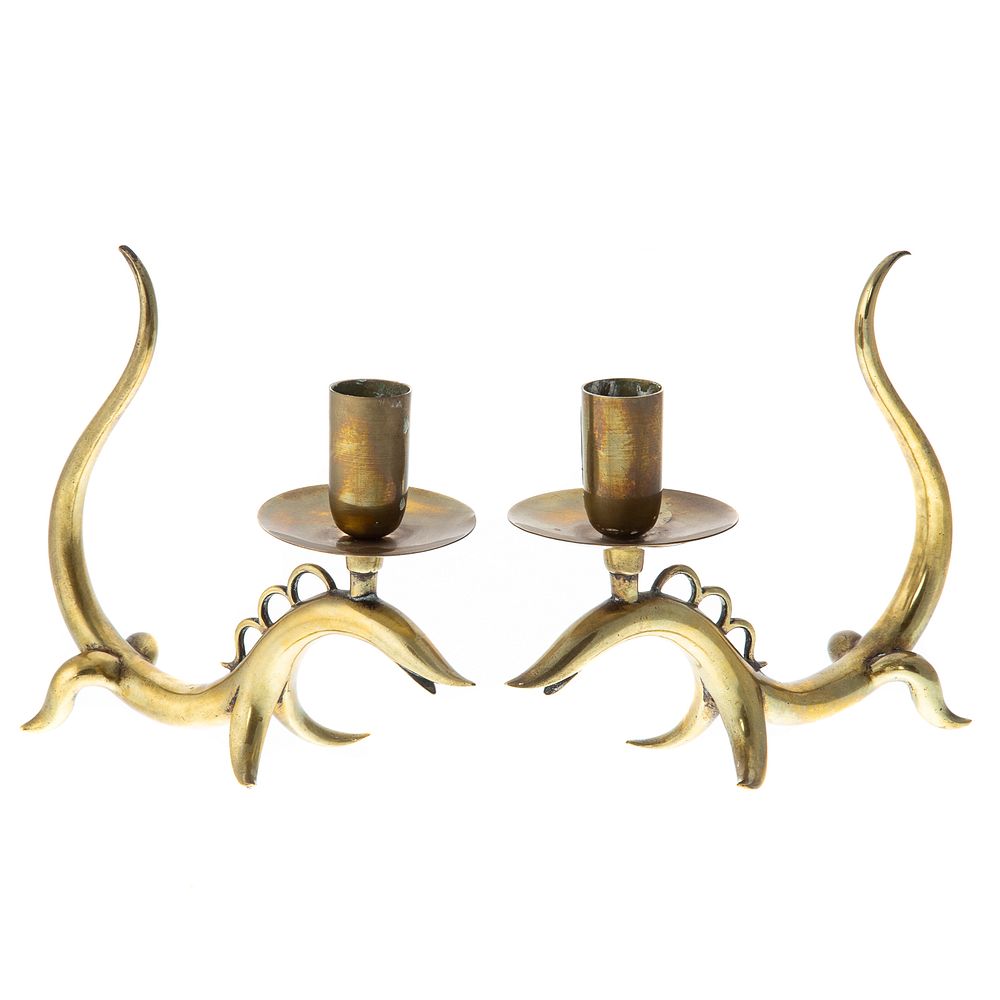 Appraisal: Werkstatte Hagenauer Wein Brass Candle Holders Circa s pair stylized