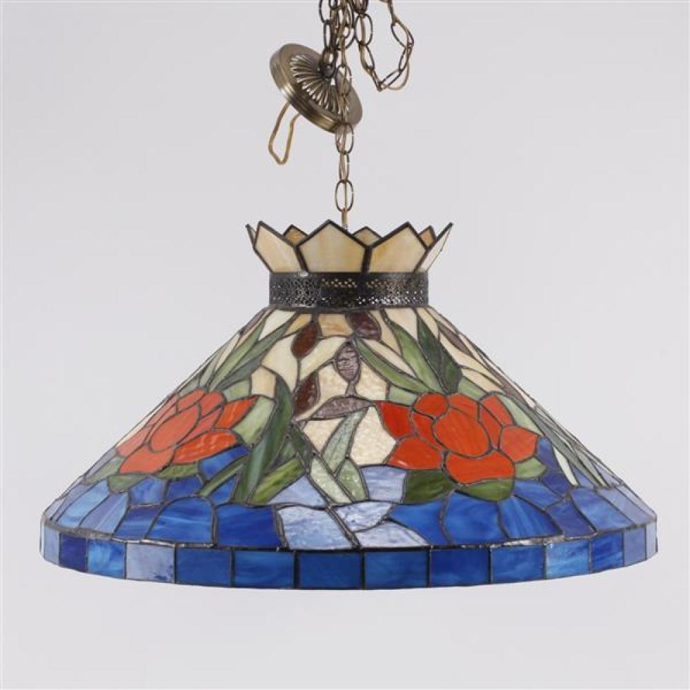 Appraisal: VINTAGE LEADED STAINED GLASS HANGING PENDANT LIGHT CONICAL SHADE WITH