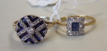 Appraisal: A gold sapphire and diamond set rectangular cluster ring mounted