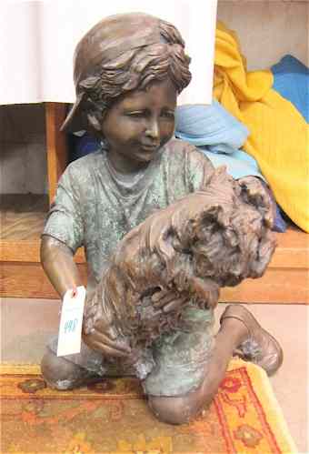 Appraisal: FIGURAL BRONZE SCULPTURE kneeling boy with dog verde and golden