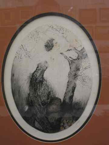 Appraisal: Kaby Drypoint Etching deco lady looking at bird in cage