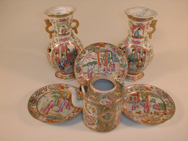 Appraisal: Three thC Cantonese porcelain plates decorated in famille rose enamels