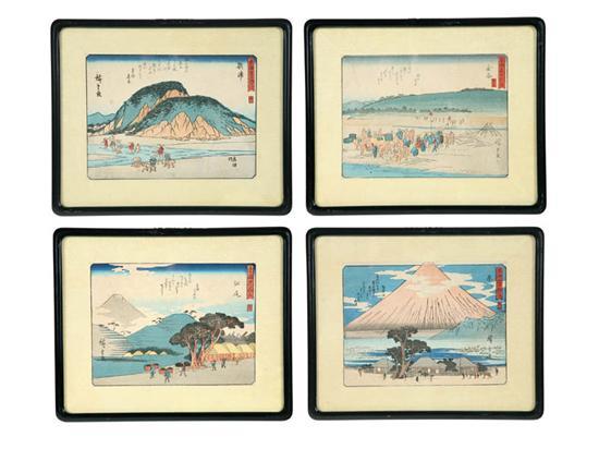 Appraisal: FOUR WOODBLOCK PRINTS Japan late th century Scenic landscapes from