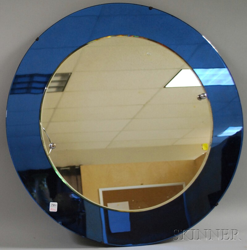 Appraisal: Art Deco Circular Blue Mirrored Glass Mirror crack dia in