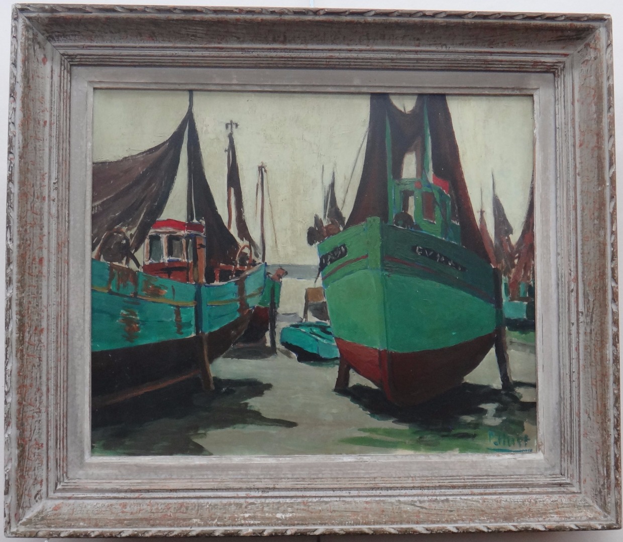 Appraisal: P Huet British th Century Fishing boats at dry dock