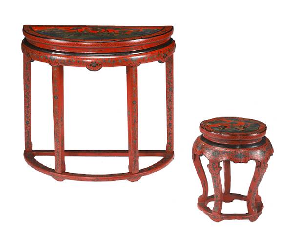 Appraisal: A polychrome lacquered wood demilune table and stool Republic Period