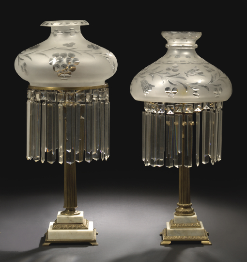 Appraisal: American Prism-Hung Gilt-Brass and Marble Solar-Style Lamp late th century