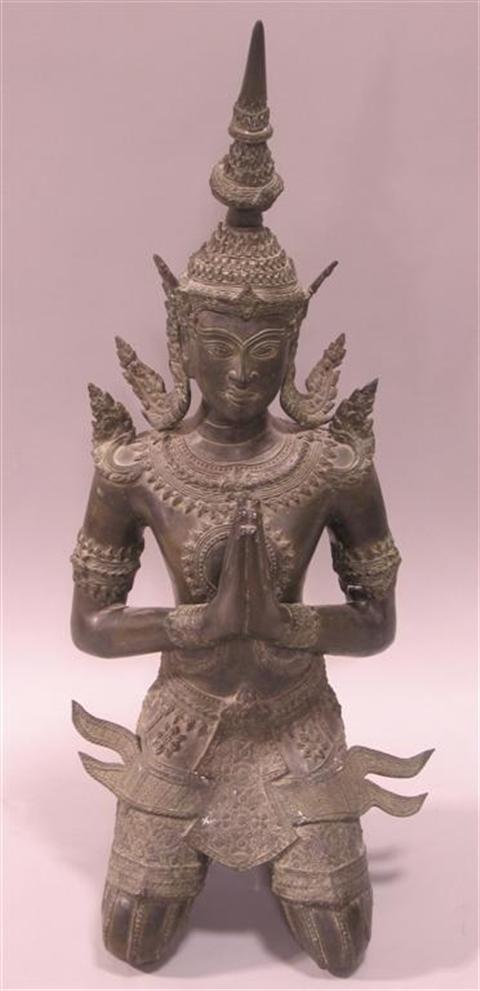 Appraisal: THAI BRONZE FIGURE OF A KNEELING ATTENDANT Cast wearing elaborate