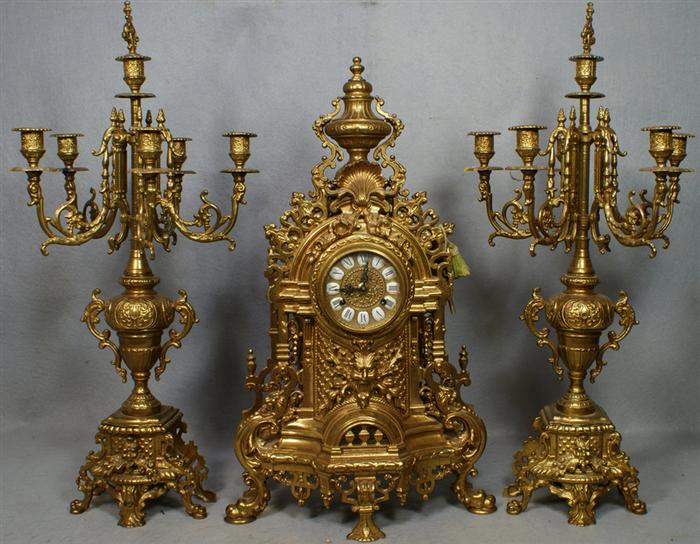 Appraisal: pc brass Louis XV style clock set German movement with