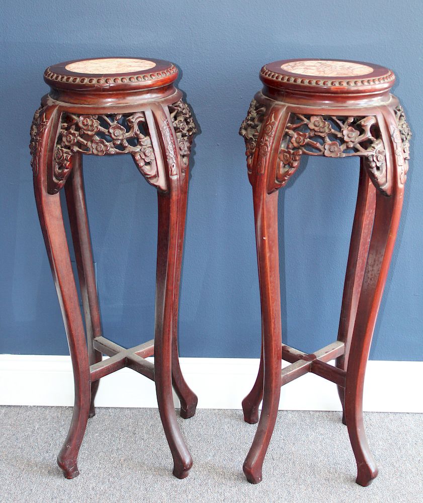 Appraisal: Pair of Carved Chinese Marble Inset Plant Stands Pair of