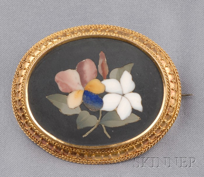 Appraisal: Antique kt Gold and Pietra Dura Brooch depicting a posy