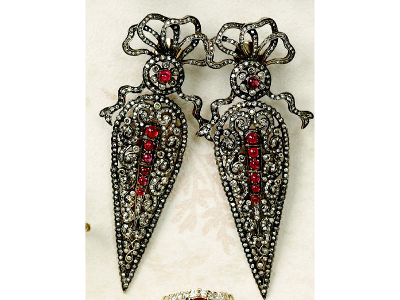 Appraisal: DIAMOND AND RUBY EARRINGS Silver topped k yellow gold antique