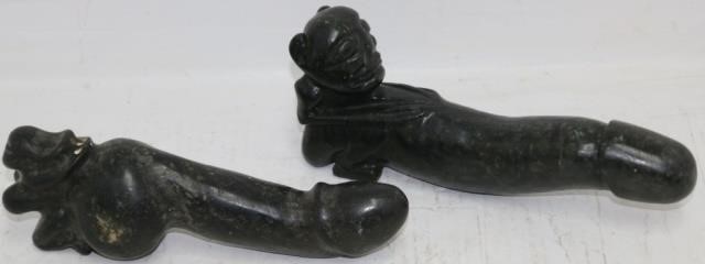 Appraisal: LOT OF TWO BLACK DIORITE STONE PHALLUSES BOTHHAVE KNEELING FIGURES