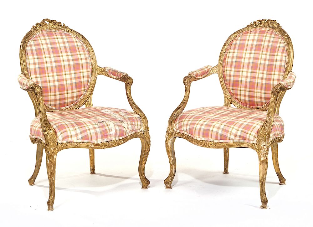 Appraisal: Pair of Louis XVI style giltwood fauteuils Pair of Louis