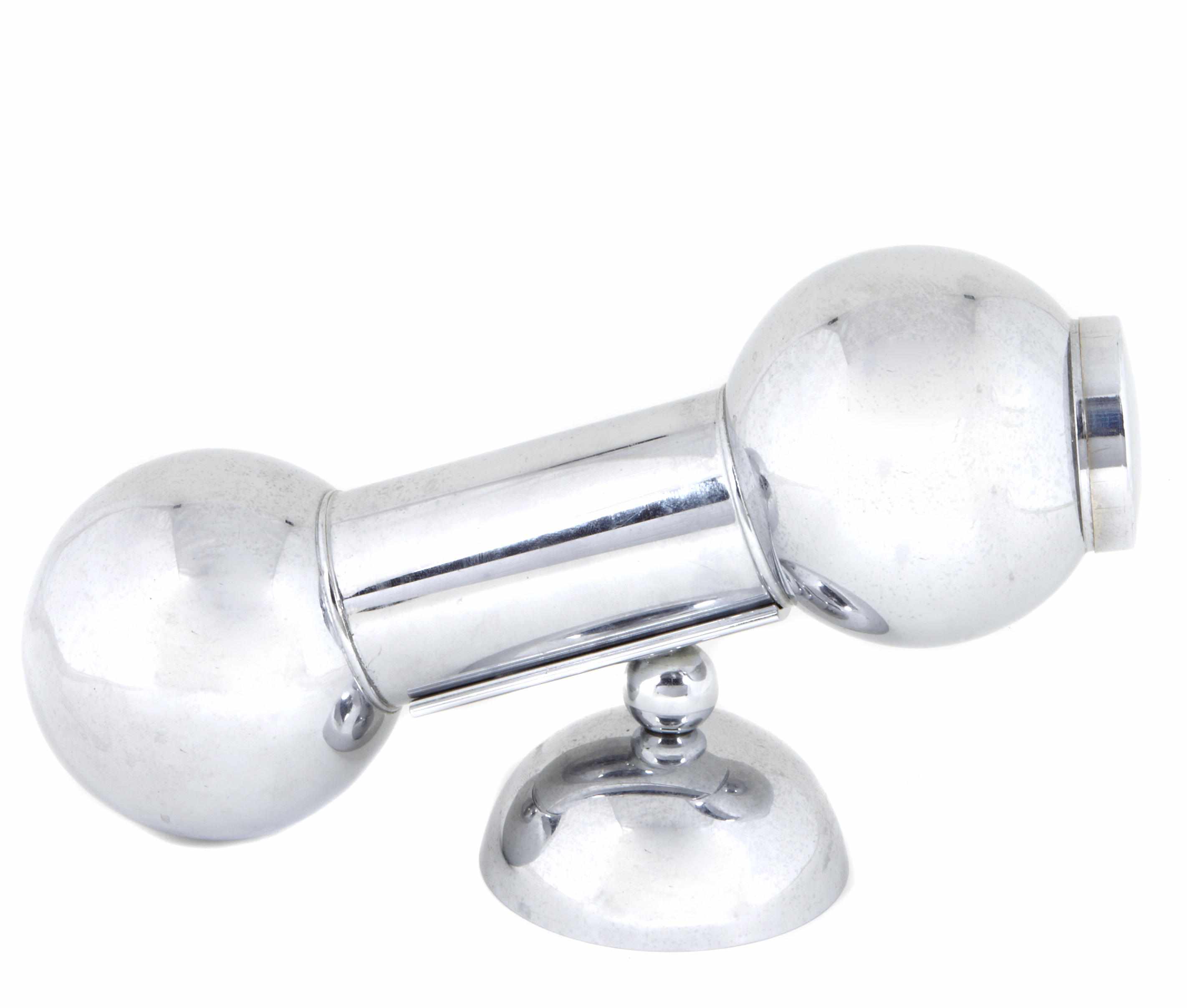 Appraisal: A chrome plated barbell form cocktail shaker and stand overall