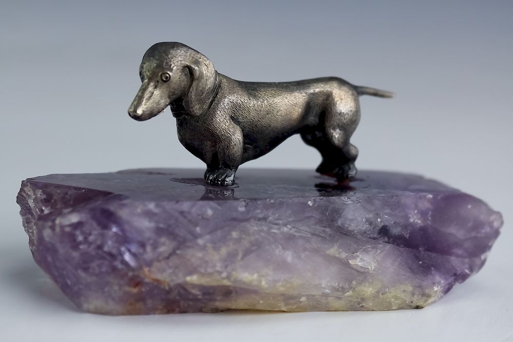 Appraisal: German Silver Dachshund Dog Sculpture Amethyst Antique fine silver Dachshund