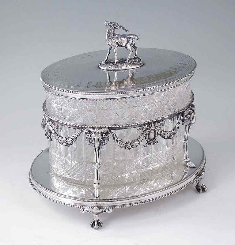 Appraisal: JAMES DIXON SONS SILVERPLATE AND CUT GLASS BISCUIT JAR English