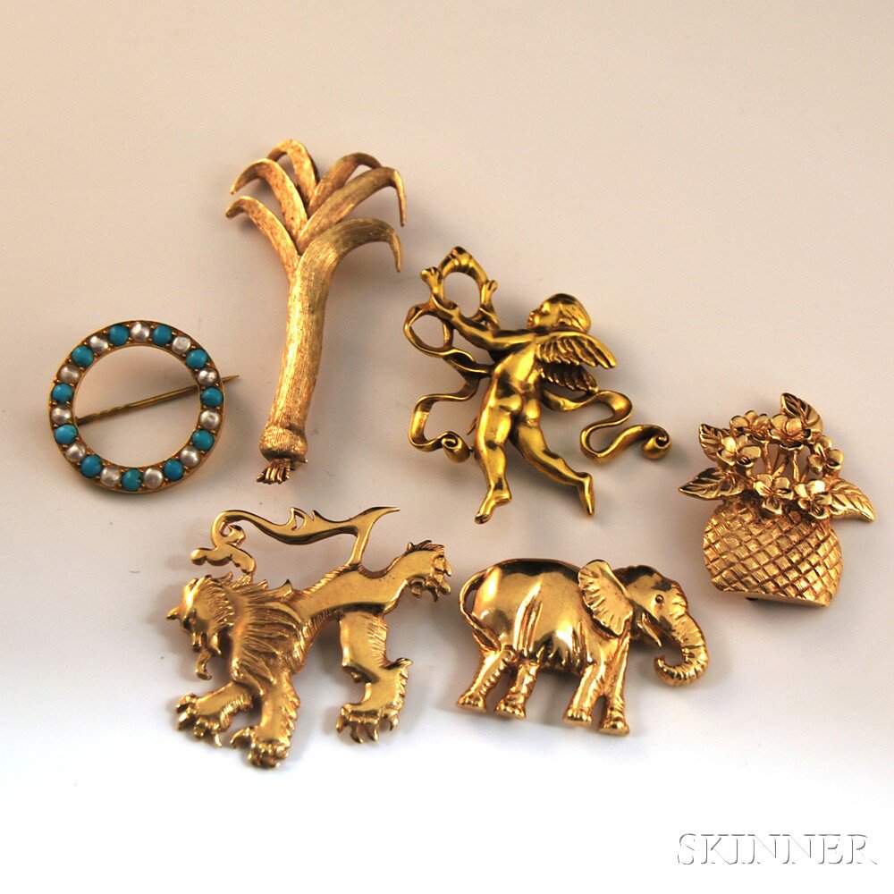 Appraisal: Five Gold Brooches four kt gold Breakell an elephant a