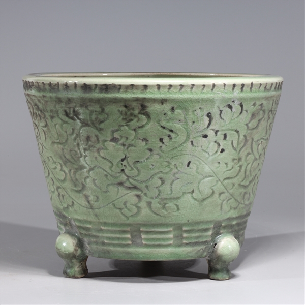 Appraisal: Large Chinese celadon glazed porcelain tripod censer with incised floral