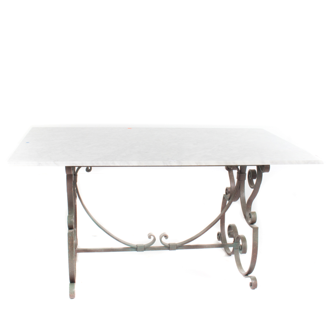 Appraisal: Wrought metal marble-top dining table and chairs painted wrought metal