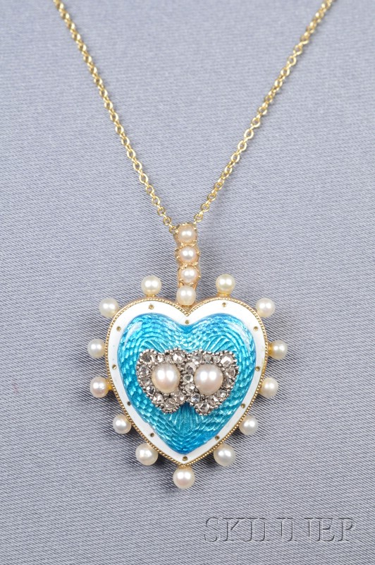 Appraisal: Antique kt Gold Enamel Seed Pearl and Diamond Heart Pendant