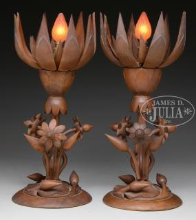 Appraisal: PAIR OF CARVED WOOD ARTICULATED LAMPS th century Japan Each