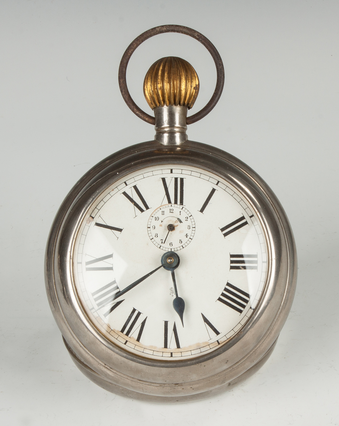 Appraisal: Nickel Plated Tin Pocket Watch Form Alarm Clock