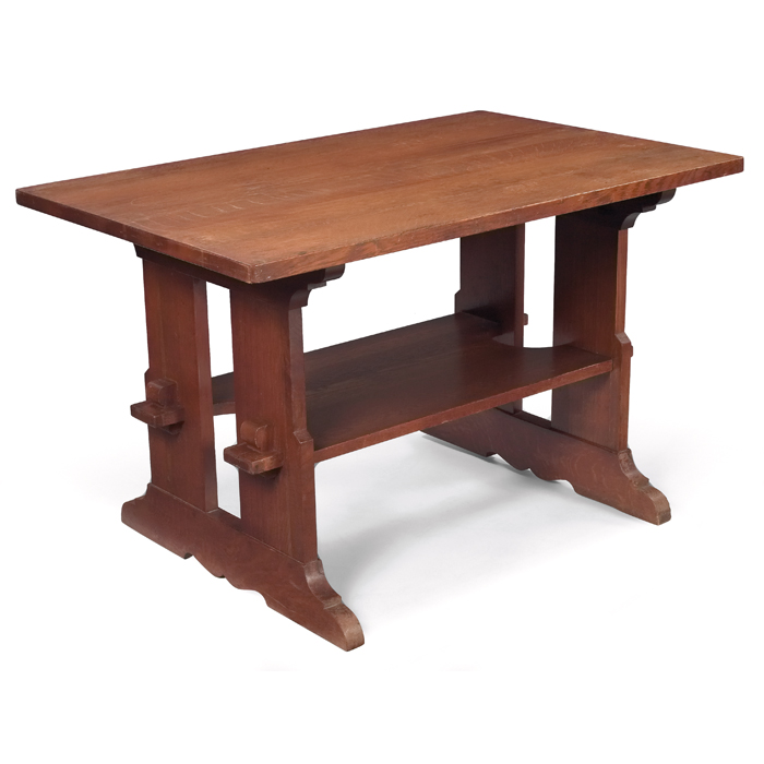 Appraisal: L and JG Stickley trestle table rectangular top over a